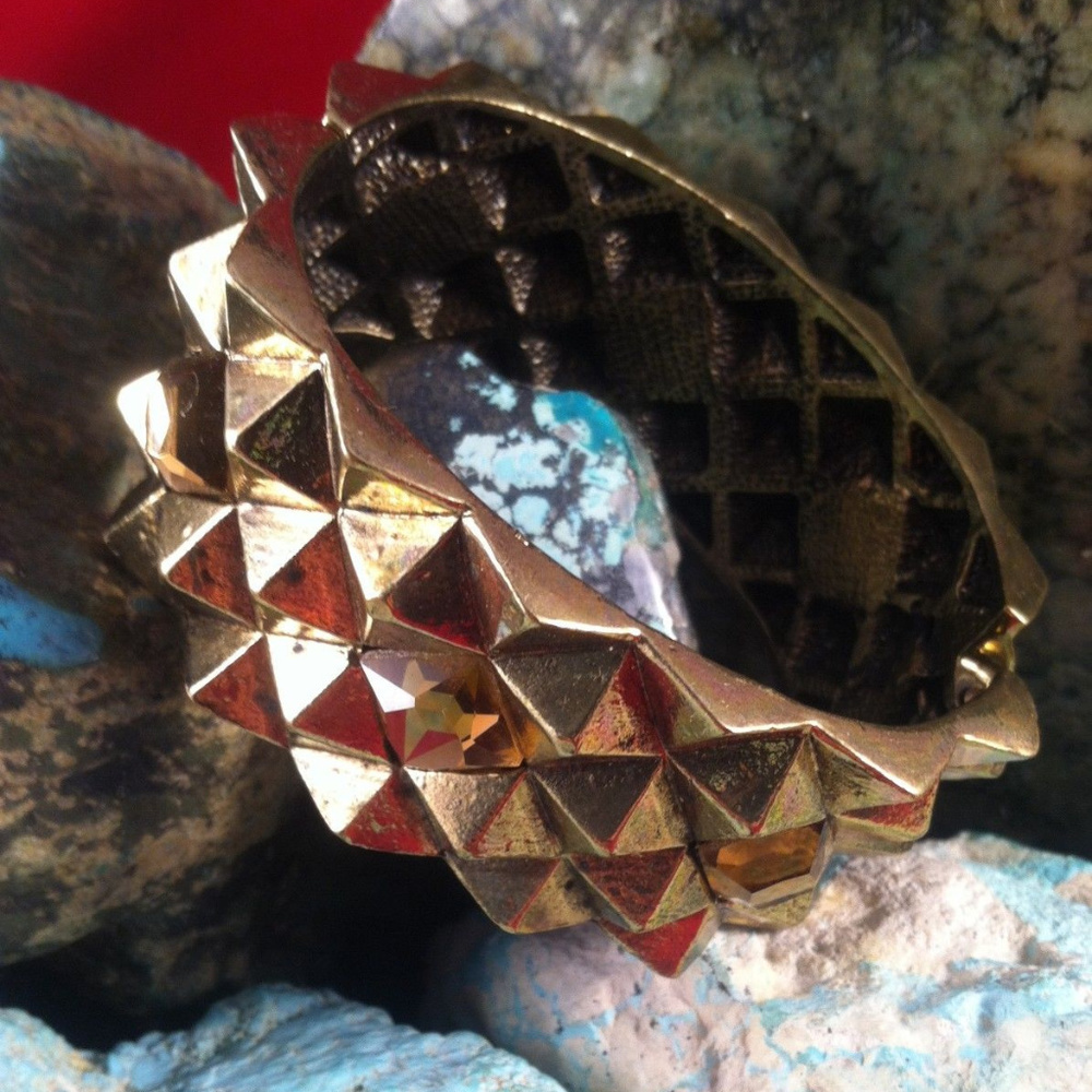 vintage metal spike Spiky Smoky Quartz Rhinestone wide Bangle bracelet gold